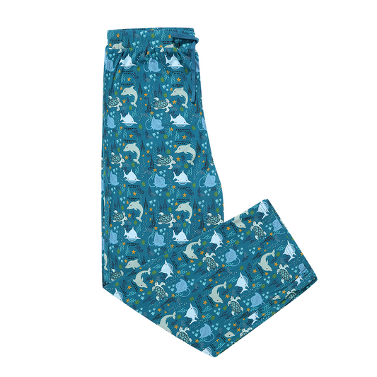 the "ocean friends" relaxed pants.  the "ocean friends" print is a combination of dolphins, stingrays, fish, starfish, coral, bubbles, and sharks, all spread out on a deep sea blue background. 