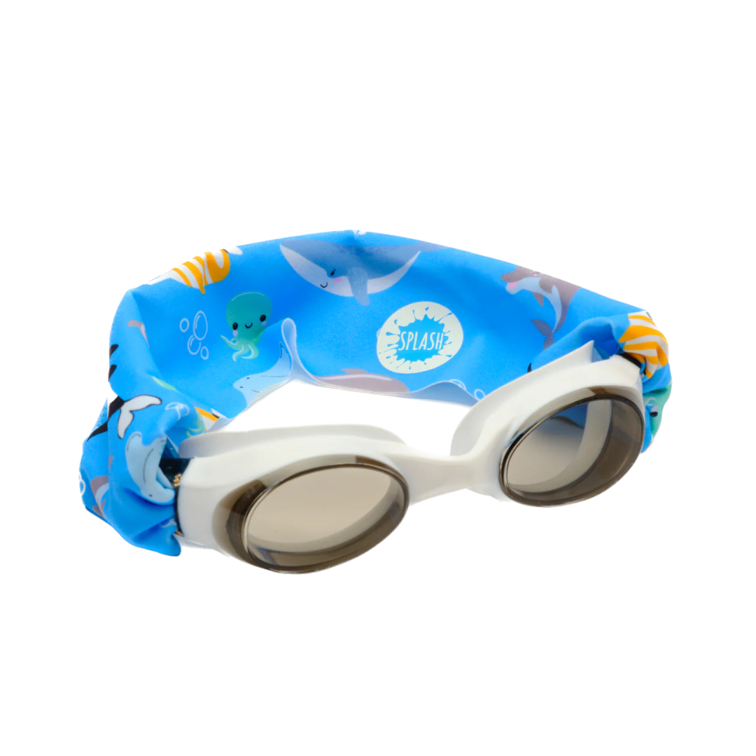 • Splash Place ocean friends swim goggles with sea animal fabric strap
• No tangle fabric strap swim goggles with grey tinted lenses and white frame