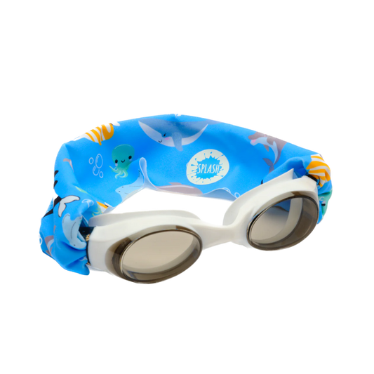 • Splash Place ocean friends swim goggles with sea animal fabric strap
• No tangle fabric strap swim goggles with grey tinted lenses and white frame