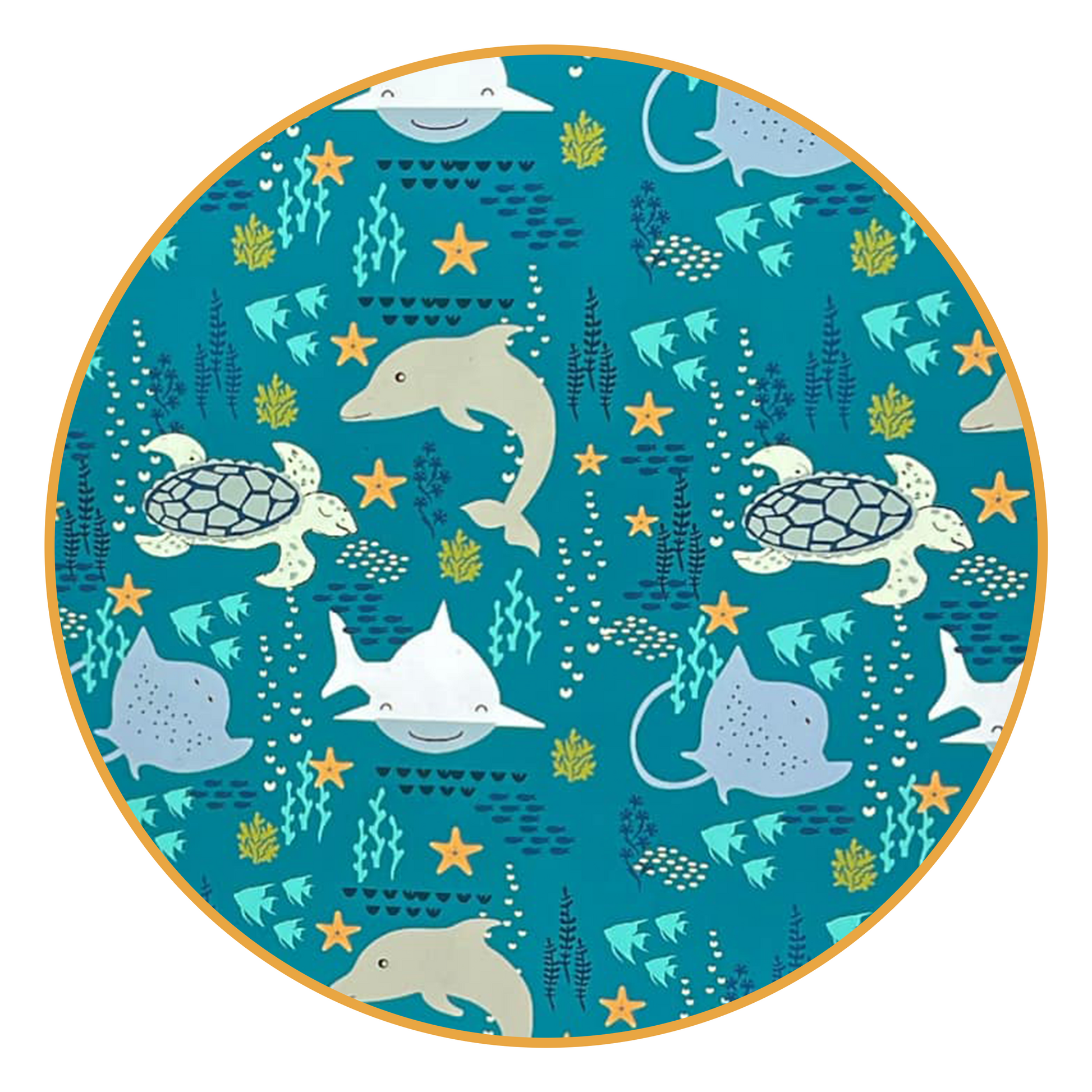 the "ocean friends" print is a combination of dolphins, stingrays, fish, starfish, coral, bubbles, and sharks, all spread out on a deep sea blue background.