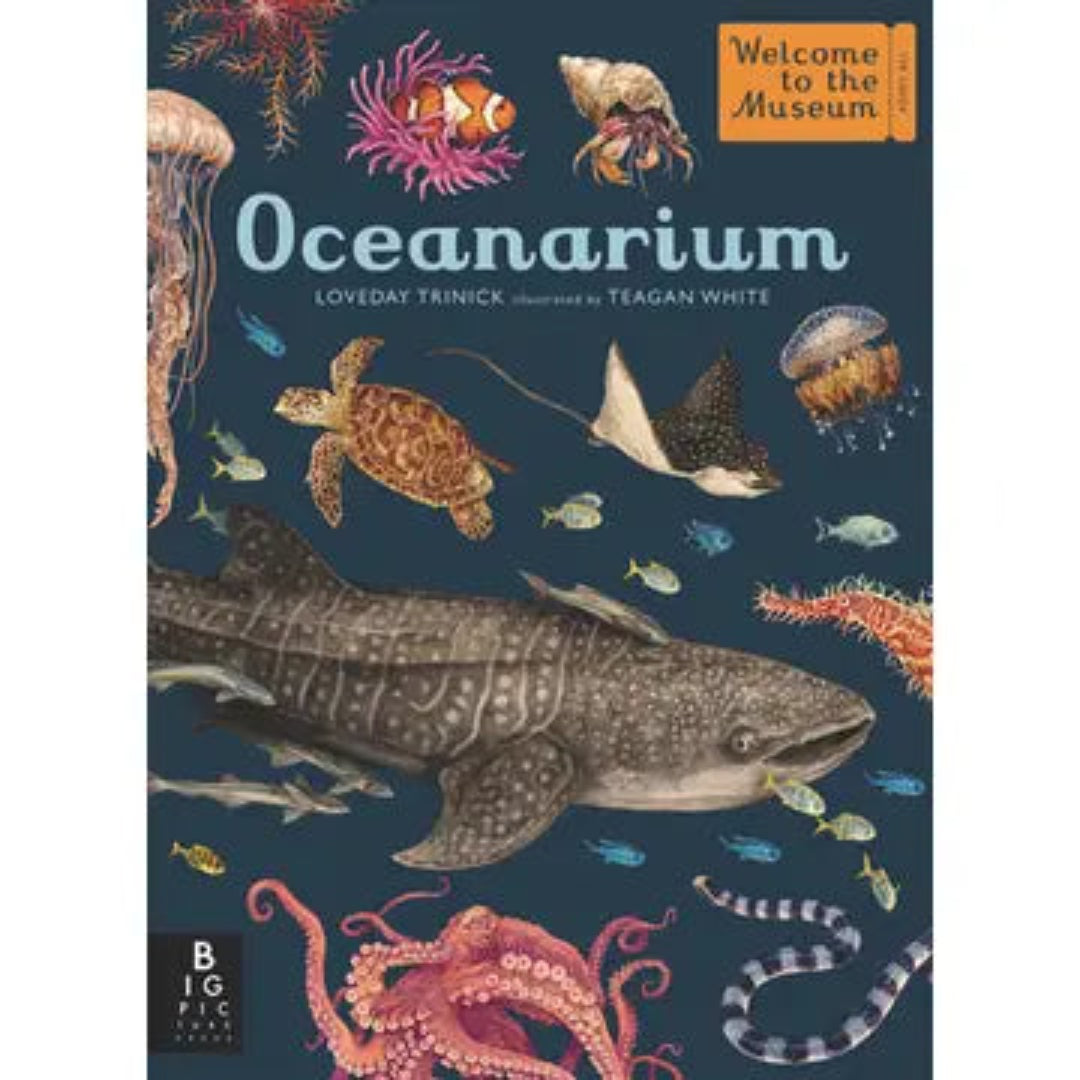 large dark blue book with sea creatures all over the front