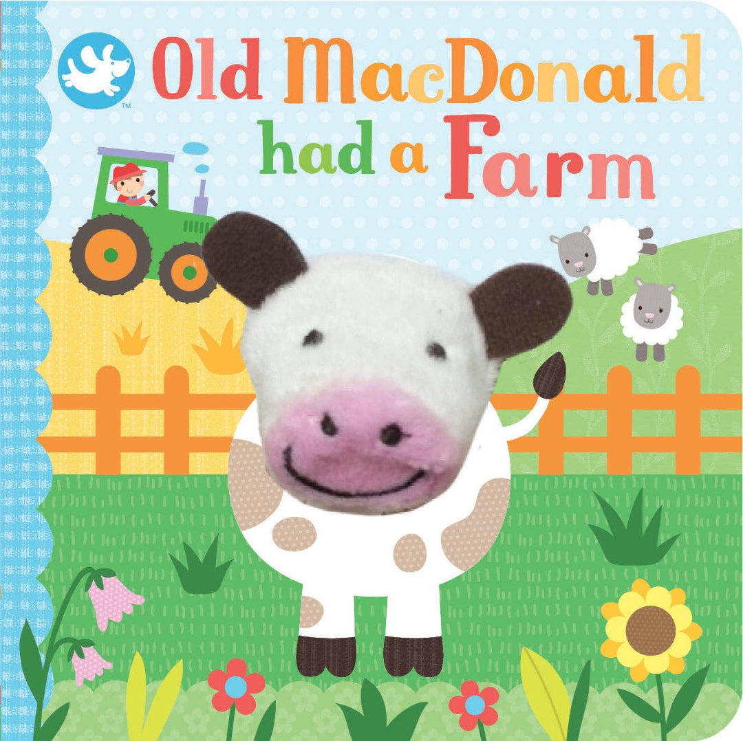 farm themed board book with a finger puppet how on the front