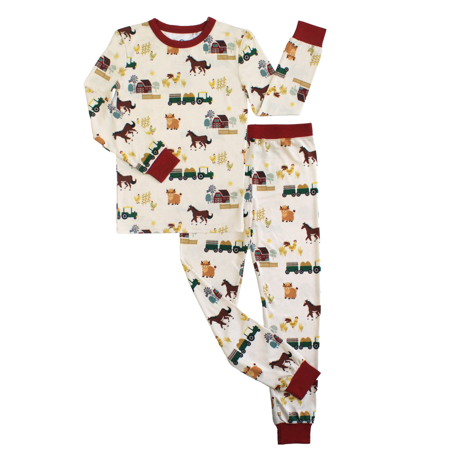 On the Farm bamboo long sleeve kids pajama pants set with horse, cow, and tractor print.