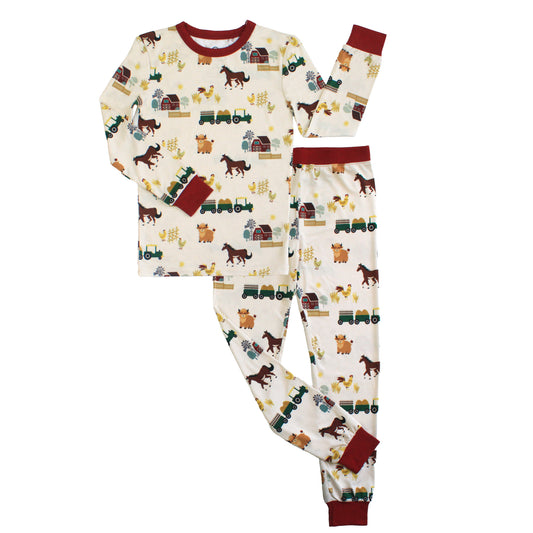 On the Farm bamboo long sleeve kids pajama pants set with horse, cow, and tractor print.