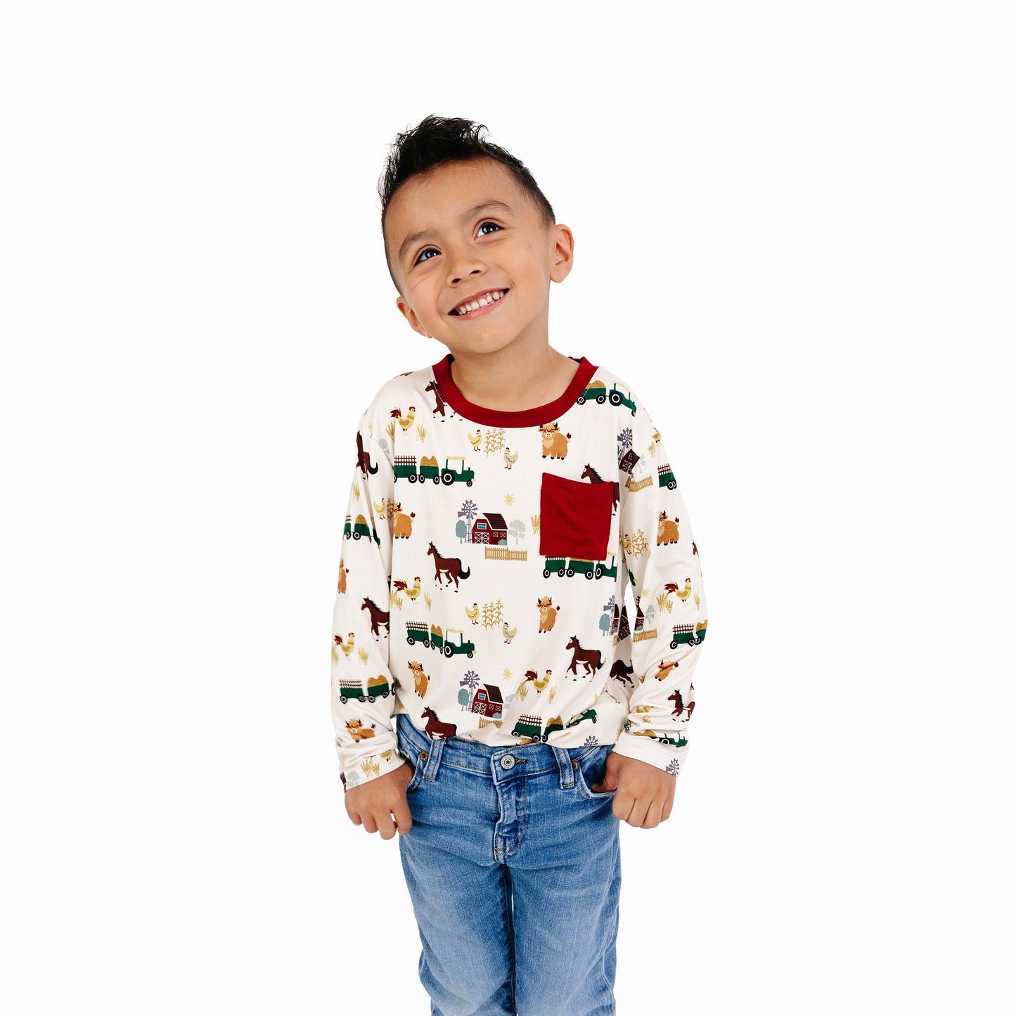On the Farm bamboo long sleeve pocket tee for kids with tractor and horse print, hypoallergenic, breathable, and soft for sensitive skin