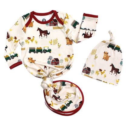 On the Farm bamboo newborn gown and hat baby gift set with horse and tractor print, soft, breathable, and hypoallergenic for sensitive skin.