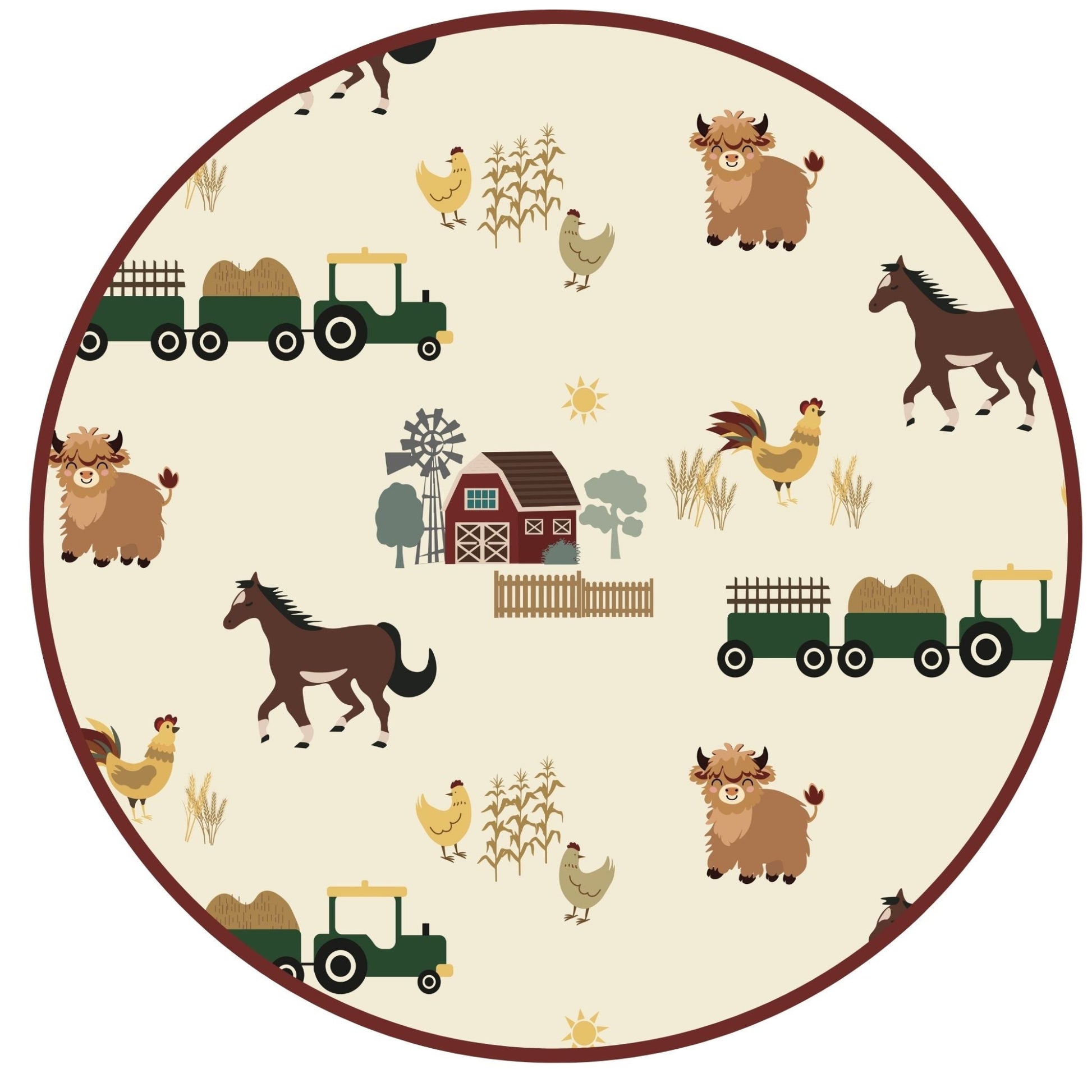 On the Farm bamboo pajama print featuring horses, highland cows, barns, and tractors.