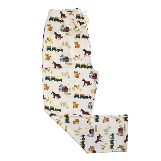 Flat lay of On the Farm bamboo relaxed lounge pajama pants with tractor and horse farm print, soft, breathable, and hypoallergenic fabric.