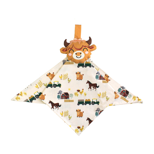 On the Farm bamboo security blanket lovey with highland cow plush, soft, breathable, and hypoallergenic fabric for sensitive skin.