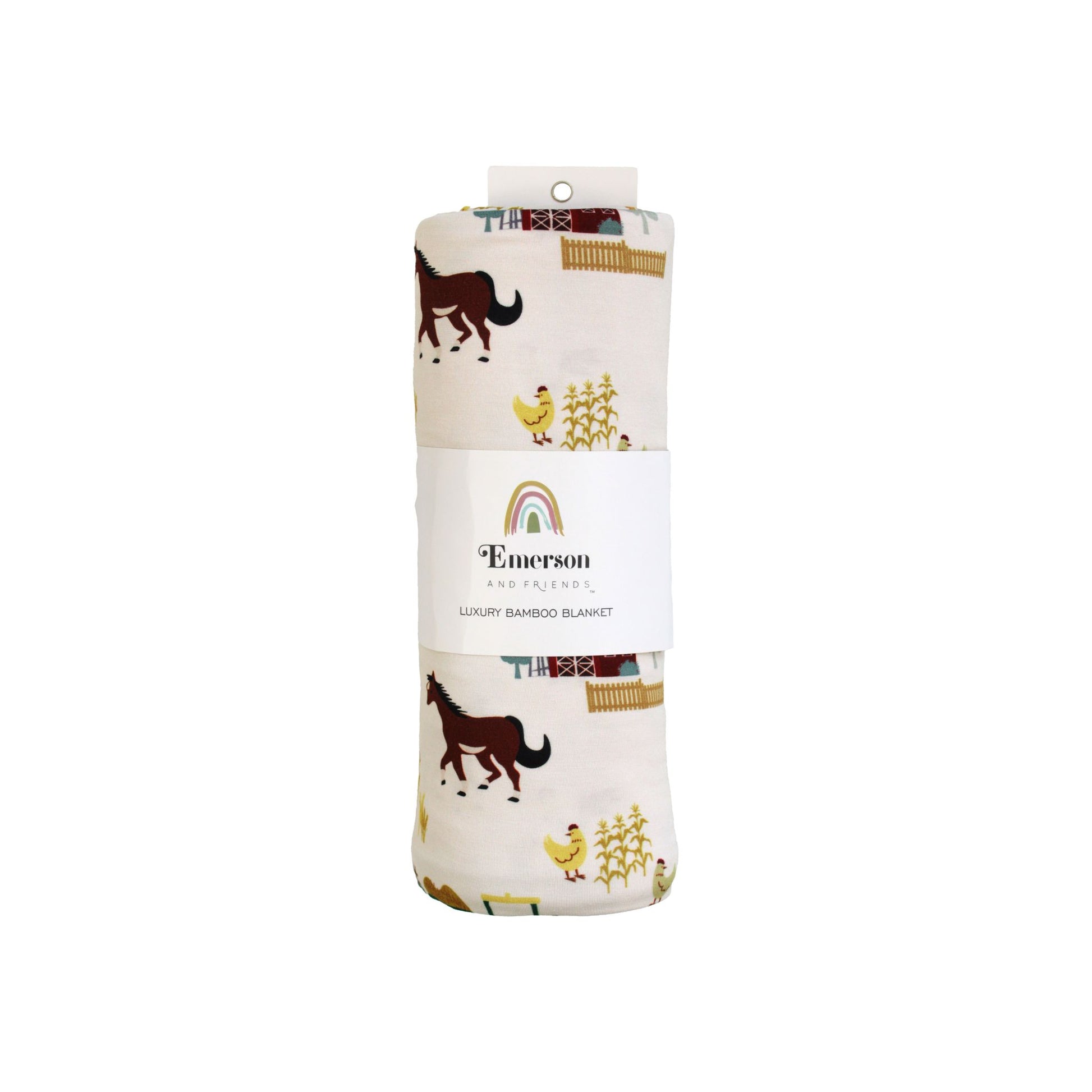 Packaged On the Farm luxury bamboo blanket with tractor and horse barnyard print, soft, breathable, and hypoallergenic fabric.