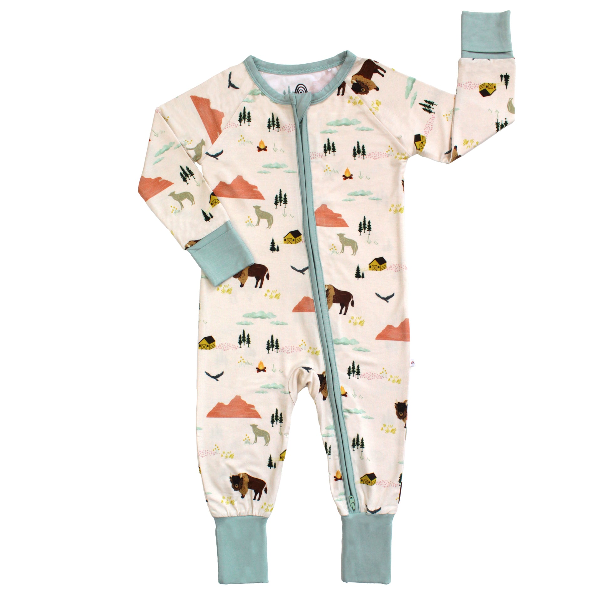 Children's onesie with animal pattern on a white background