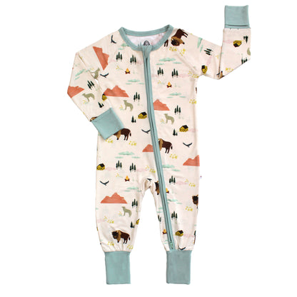 Children's onesie with animal pattern on a white background