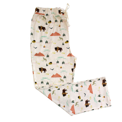 Pajama pants with a desert animal pattern on a white background