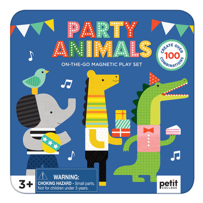 Party Animals on-the-go magnetic play set packaging with colorful animals and text.
