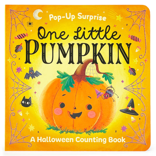 a pop-up surprise book called one little pumpkin with a smiley pumpkin on the cover