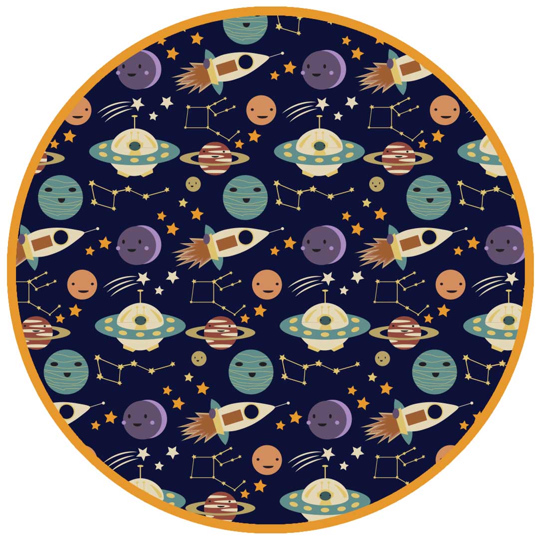 the "out of this world" print is an outer space theme. you can find spaceships, alien ships, planets, constellations, planets, stars, and moons. 