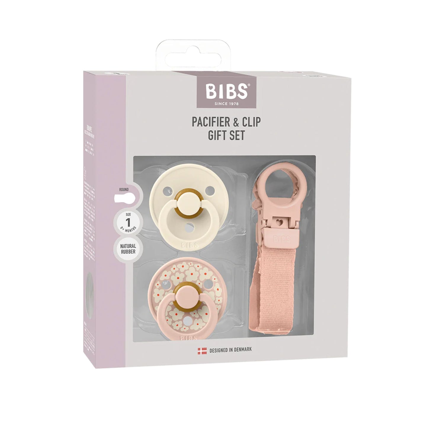 Bibs pacifier and clip gift set packaging on a white background