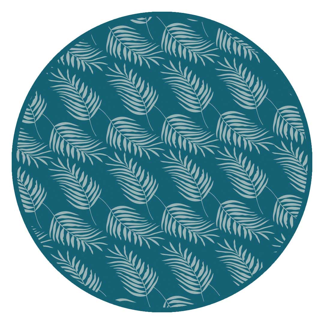 the "palms in paradise" print is a pretty dark ocean blue background with palms in a lighter blue spread out along the print.