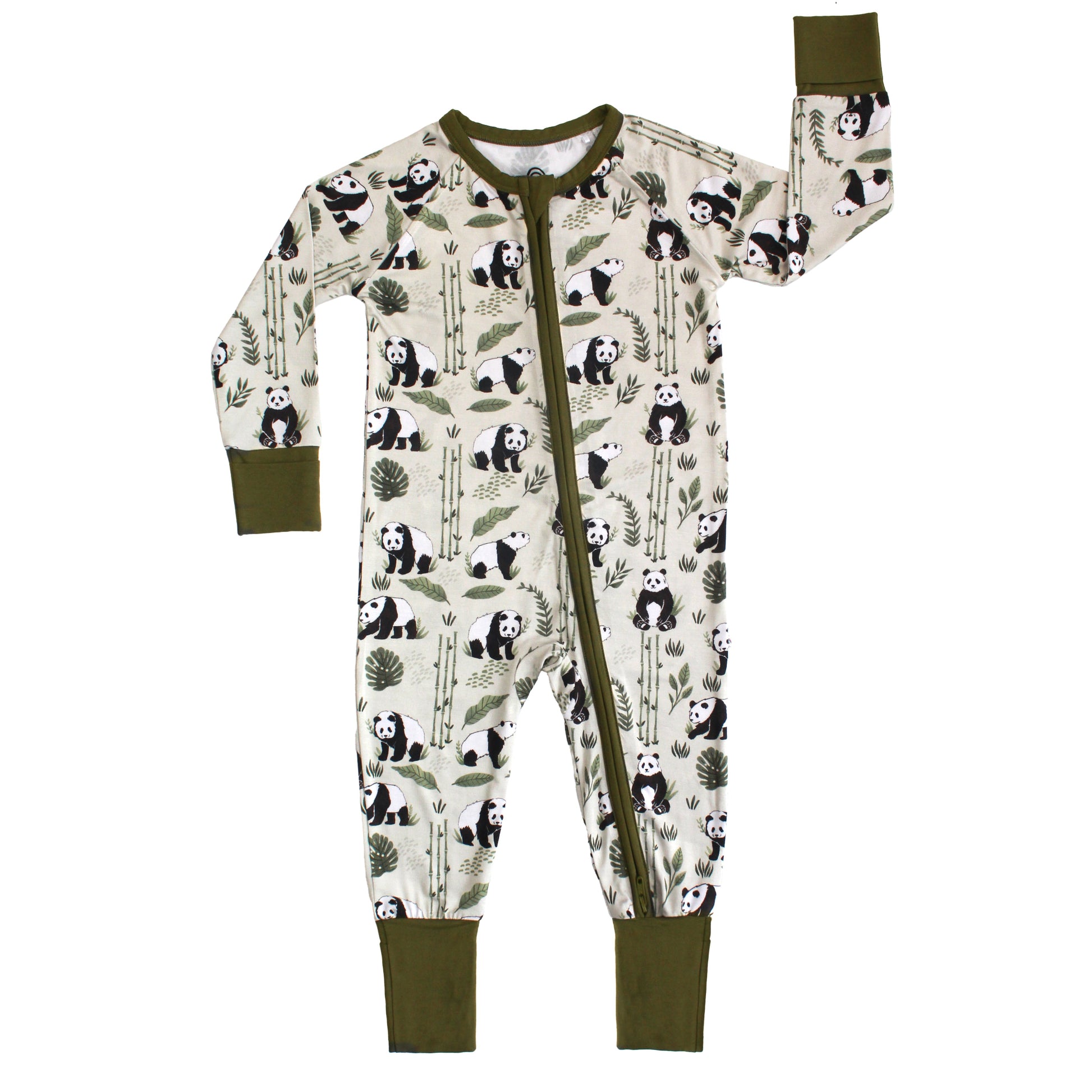 Children's onesie with panda pattern on a white background