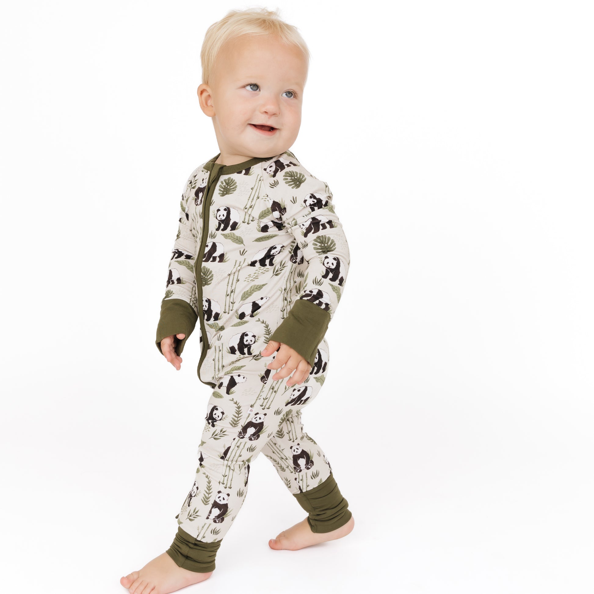 Children's onesie with panda pattern on a white background