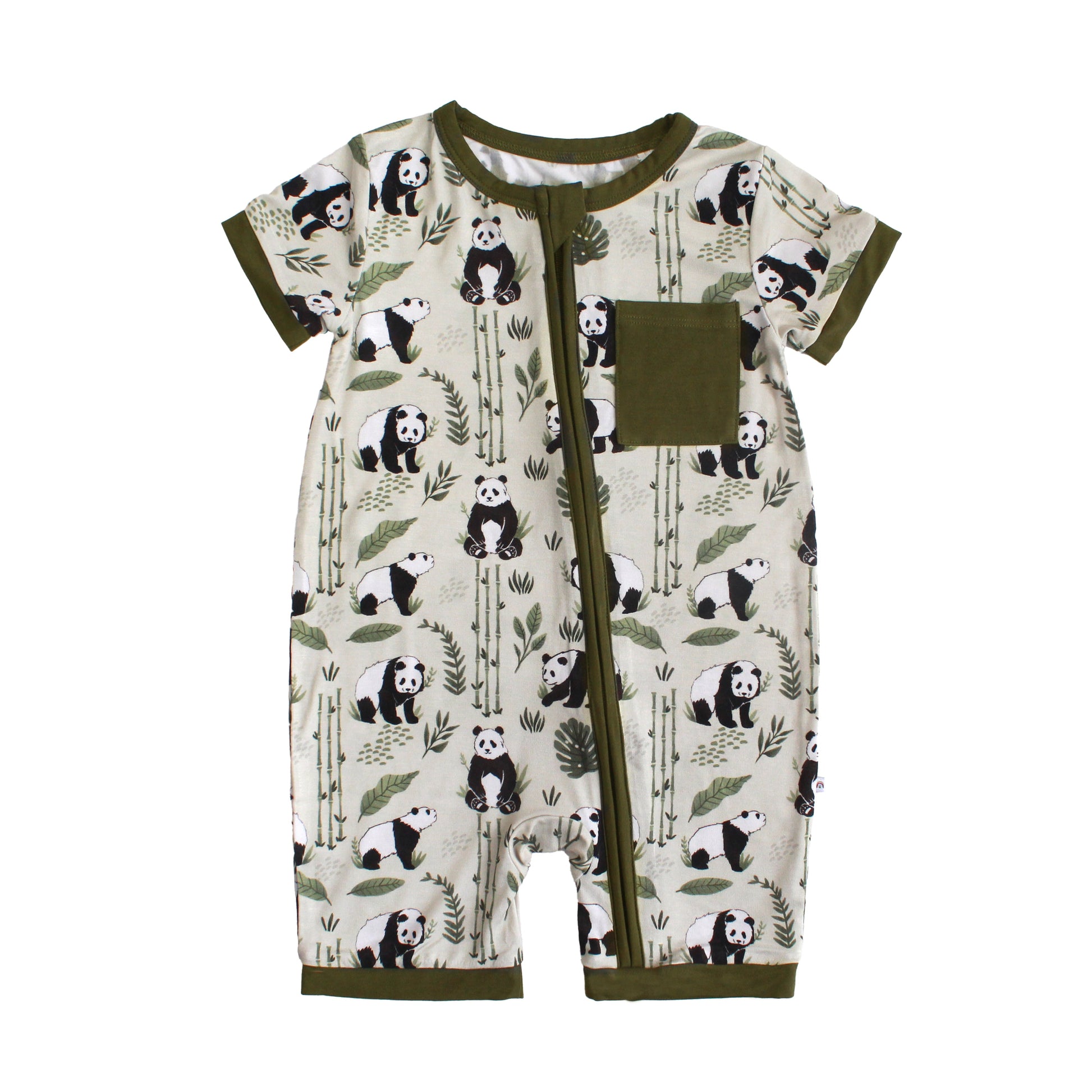 Baby romper with panda pattern on a white background