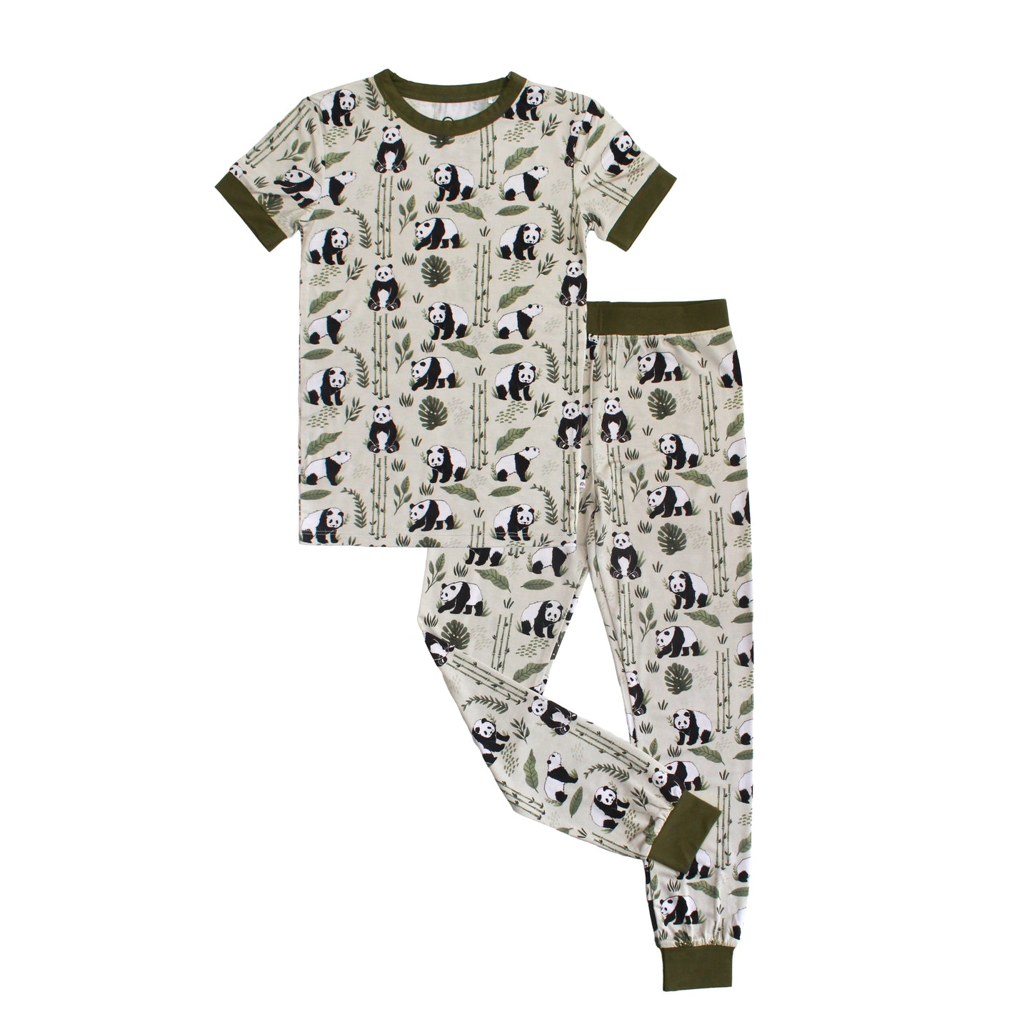 Children's pajama set with panda bear pattern on a white background