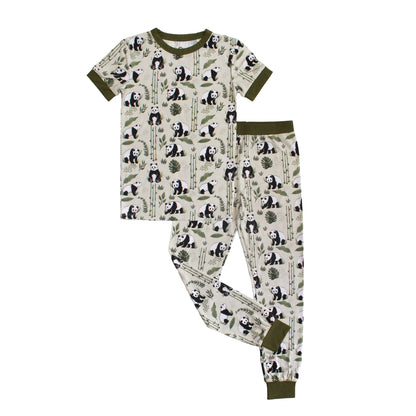 Children's pajama set with panda bear pattern on a white background