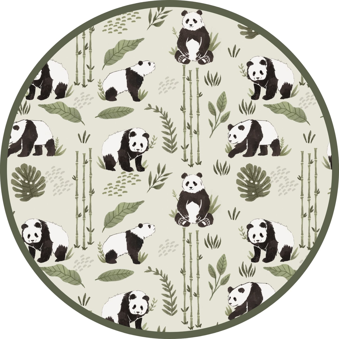 Round design with panda and bamboo pattern on a beige background