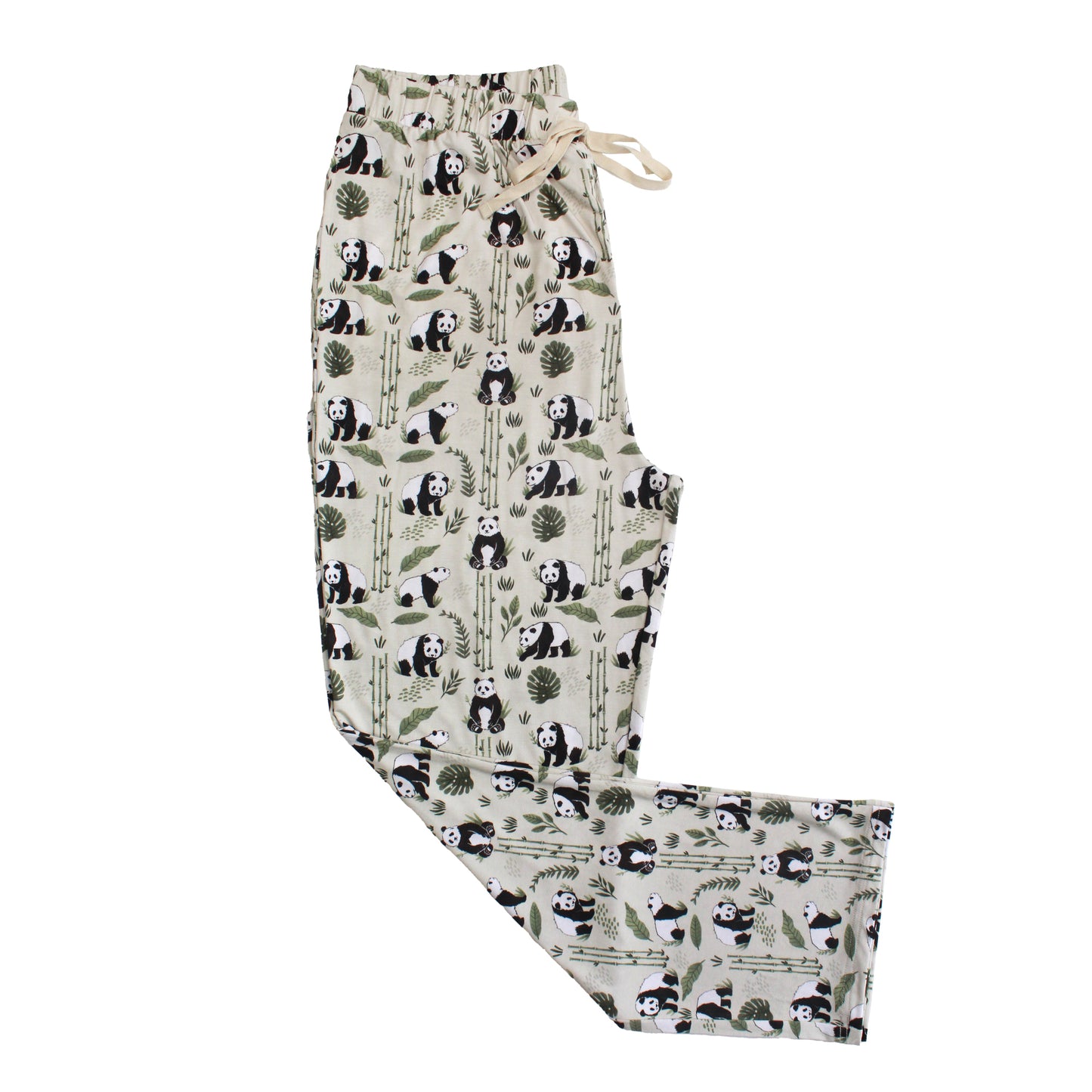 Pajama pants with panda and bamboo pattern on a white background