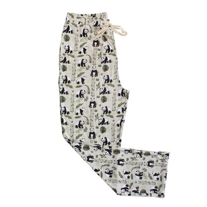 Pajama pants with panda and bamboo pattern on a white background