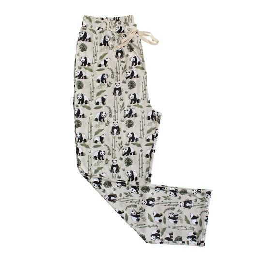 Pajama pants with panda and bamboo pattern on a white background