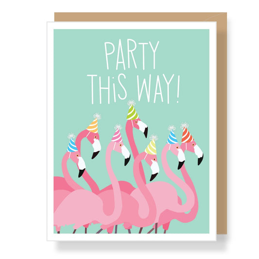 Teal birthday card with pink flamingos in multi-colored party hats