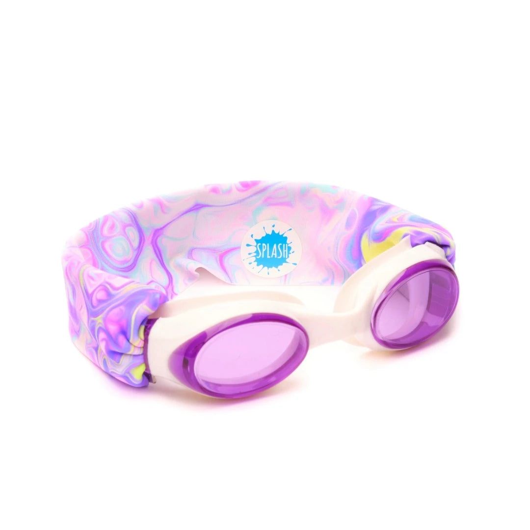 • Splash Place pastel swirl swim goggles with fabric strap
• No tangle pastel fabric strap swim goggles with purple tinted lenses