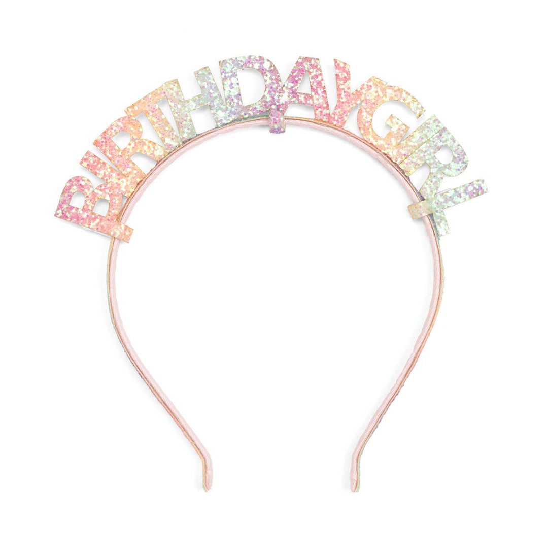 headband with glittery pastel letters on the top spelling out birthday girl