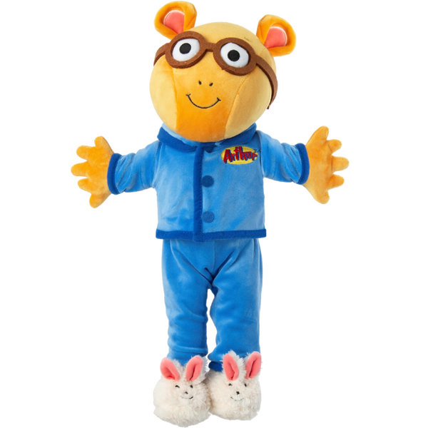 A plush toy of Arthur, the animated aardvark, wearing blue pajamas with bunny slippers and large glasses, smiling with outstretched arms.