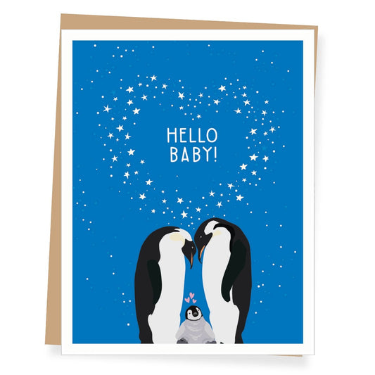 Blue greeting card with a black and white penguin family and HELLO BABY! surrounded by white stars