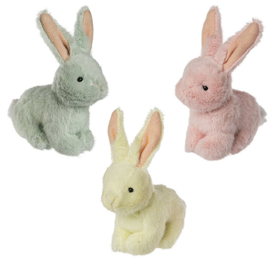 petite toy stuffed bunnies in green, pink and yellow