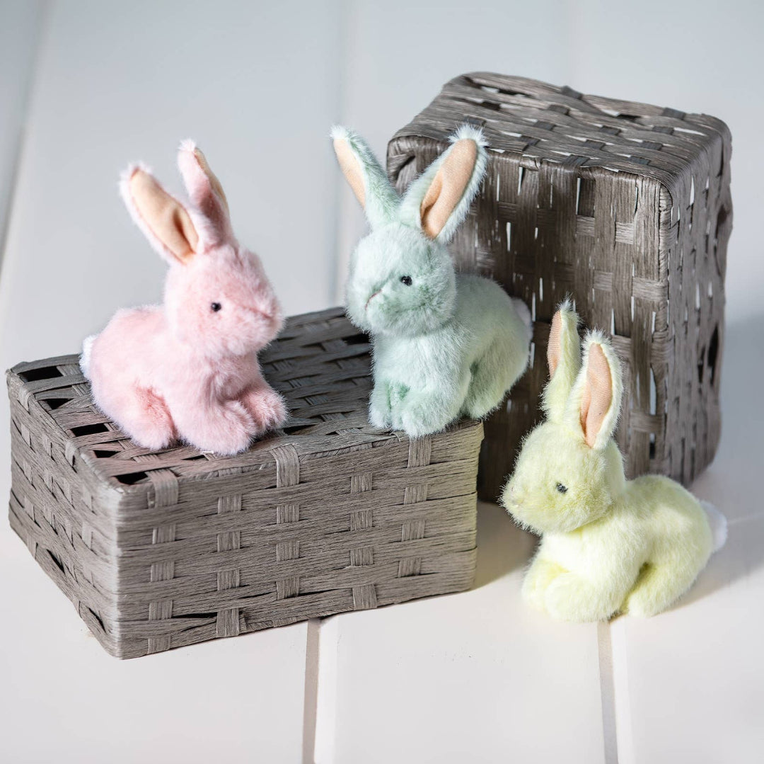 petite toy stuffed bunnies in green, pink and yellow