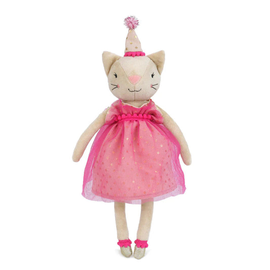 kitty stuffed animal wearing a pink party dress and a party hat
