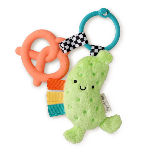 baby teether with a plush pickle and a silicone pretzel