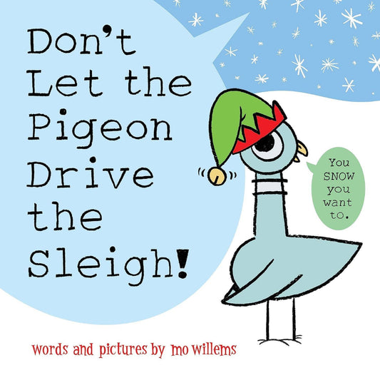 a book with a pigeon on the front cover wearing a christmas hat