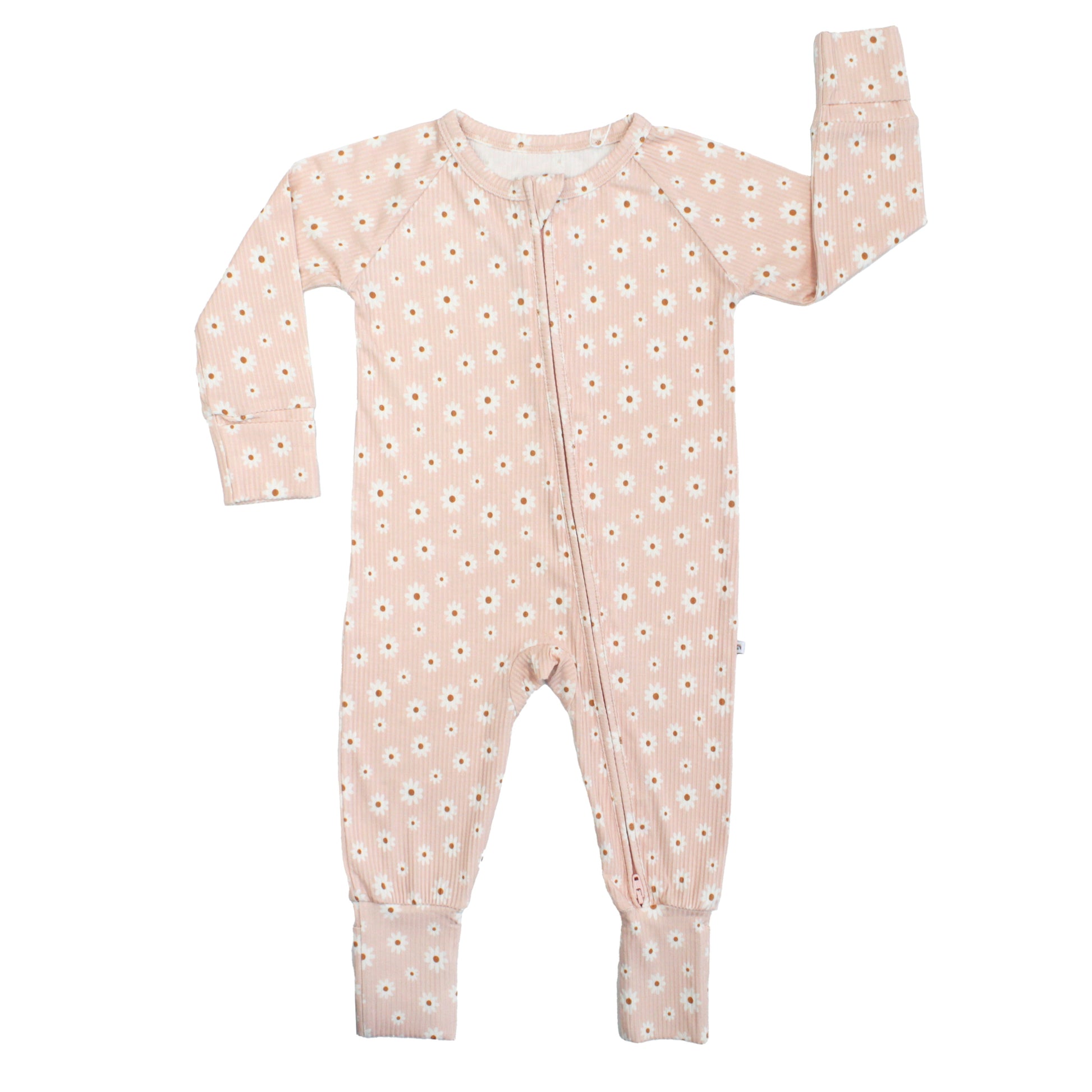 Pink baby onesie with white floral pattern on a white background