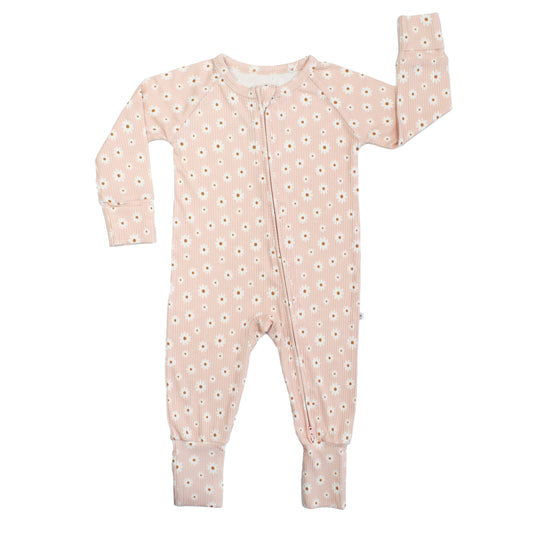 Pink baby onesie with white floral pattern on a white background