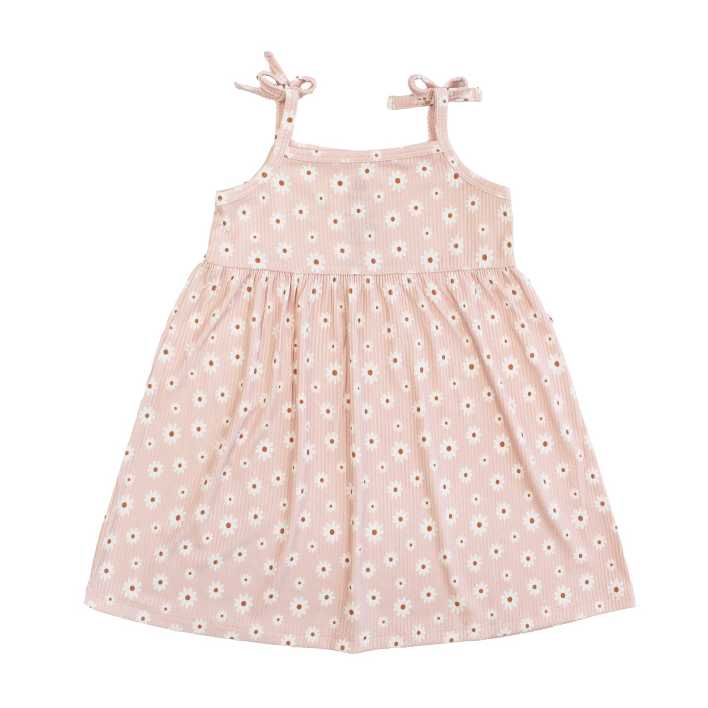 Pink dress with white floral pattern on a white background