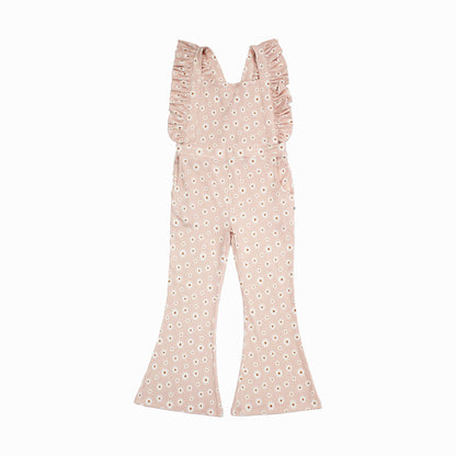 Pink floral jumpsuit with ruffled sleeves on a white background