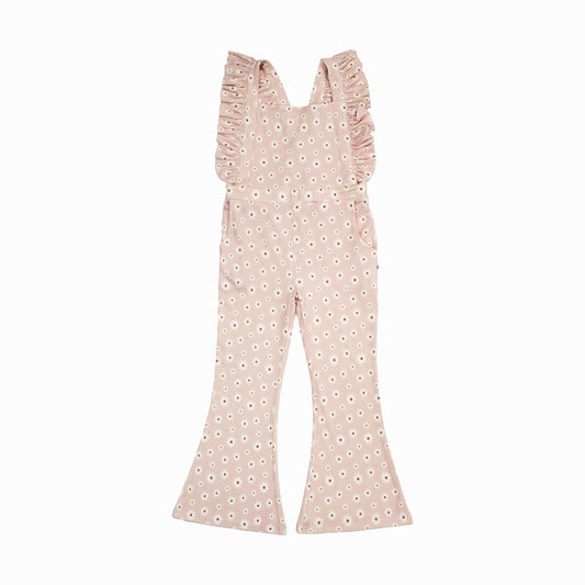 Pink floral jumpsuit with ruffled sleeves on a white background