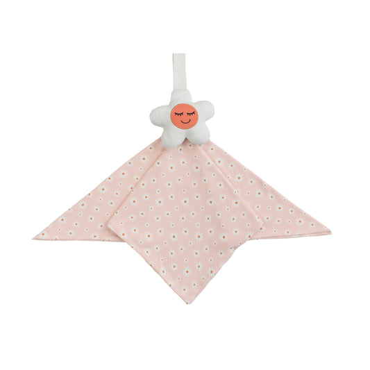 Pink baby comfort blanket with a smiling face on a white background