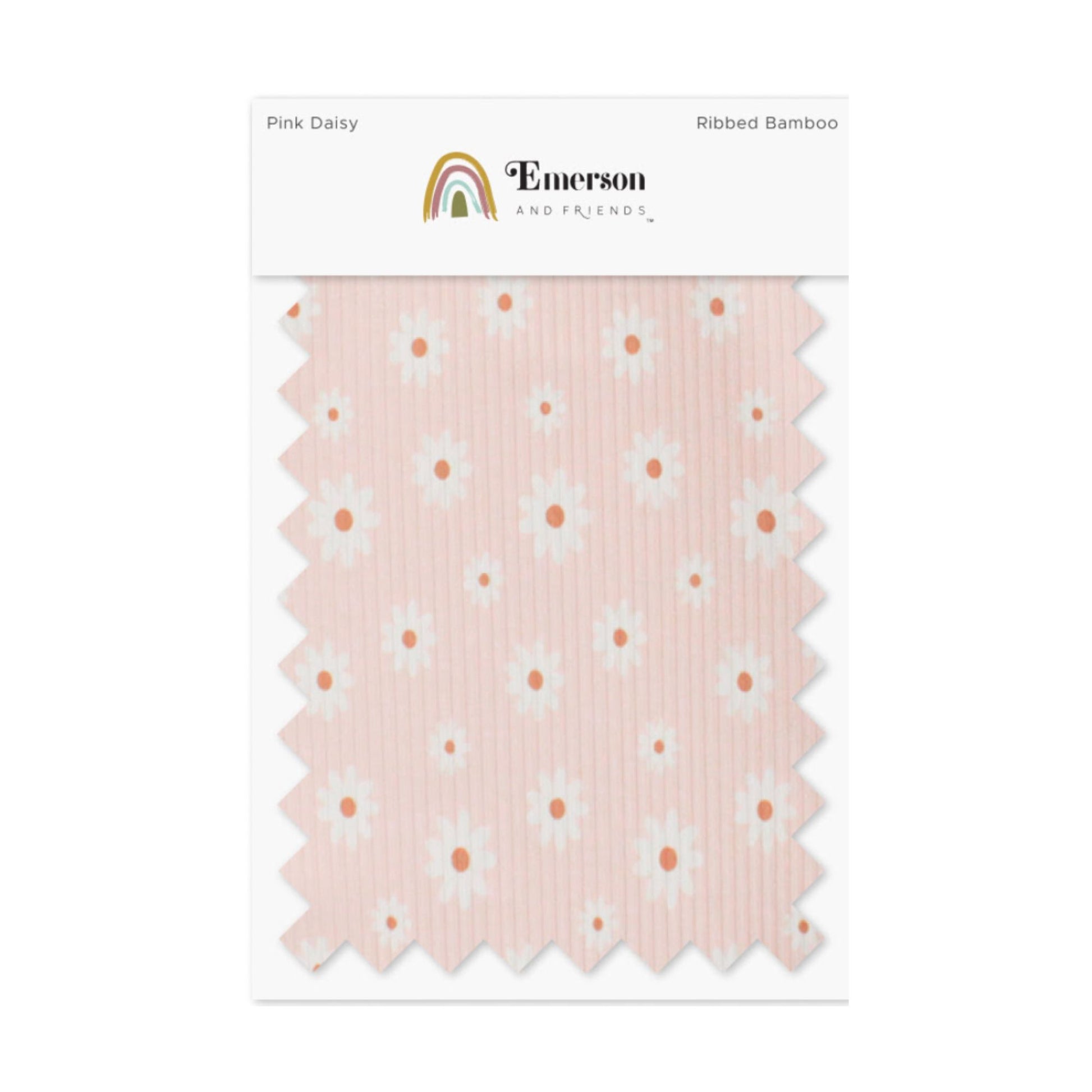 Packaged ribbed bamboo fabric with pink daisy pattern on a white background, featuring the brand 'Emerson and Friends'.
