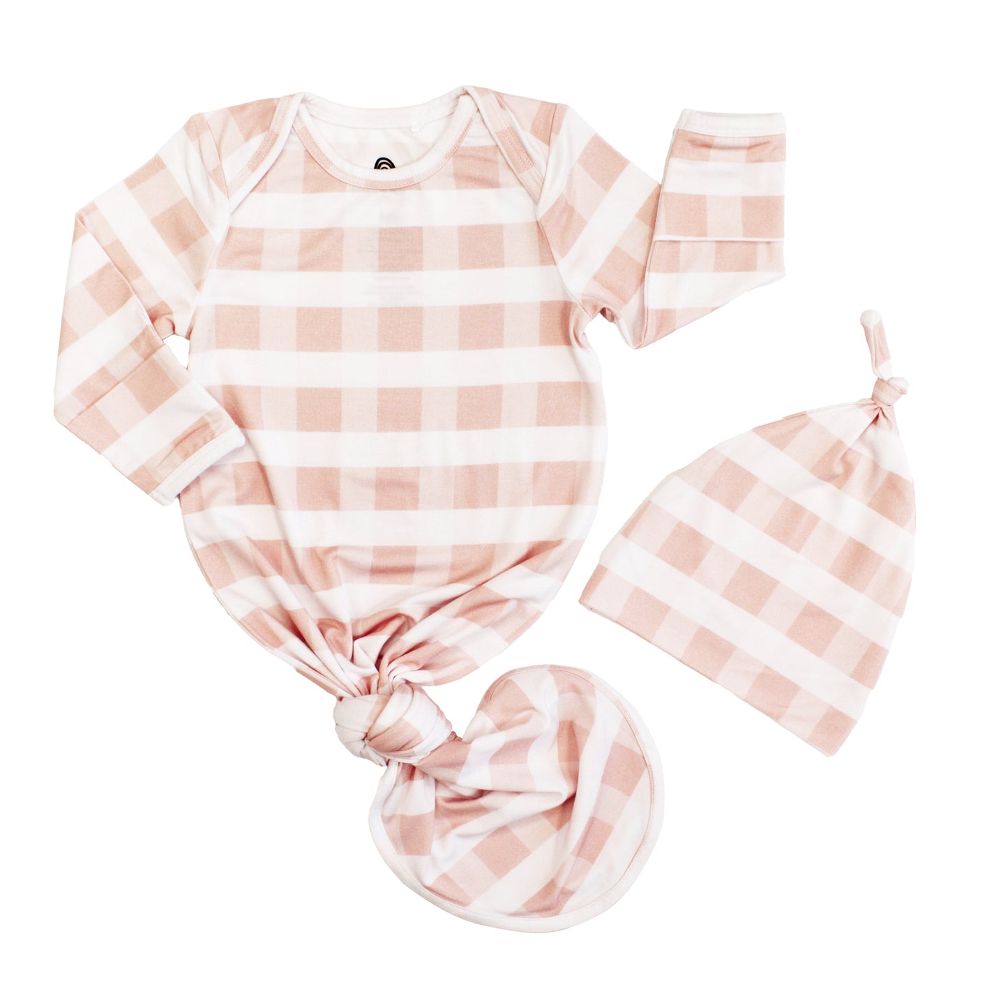 Newborn baby gift set featuring a pink and white gingham checkered bamboo tie gown and matching knotted hat.