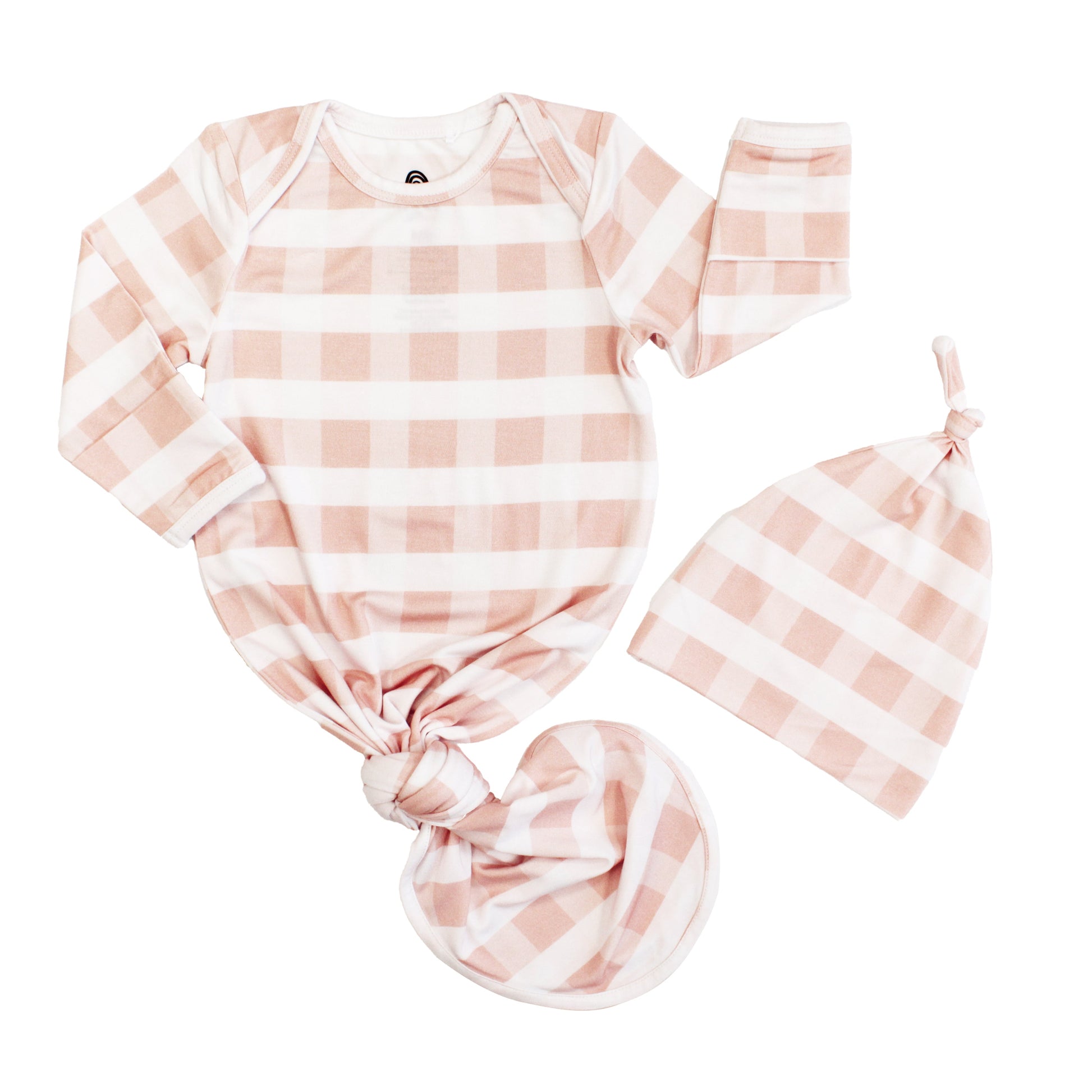 Newborn baby gift set featuring a pink and white gingham checkered bamboo tie gown and matching knotted hat.